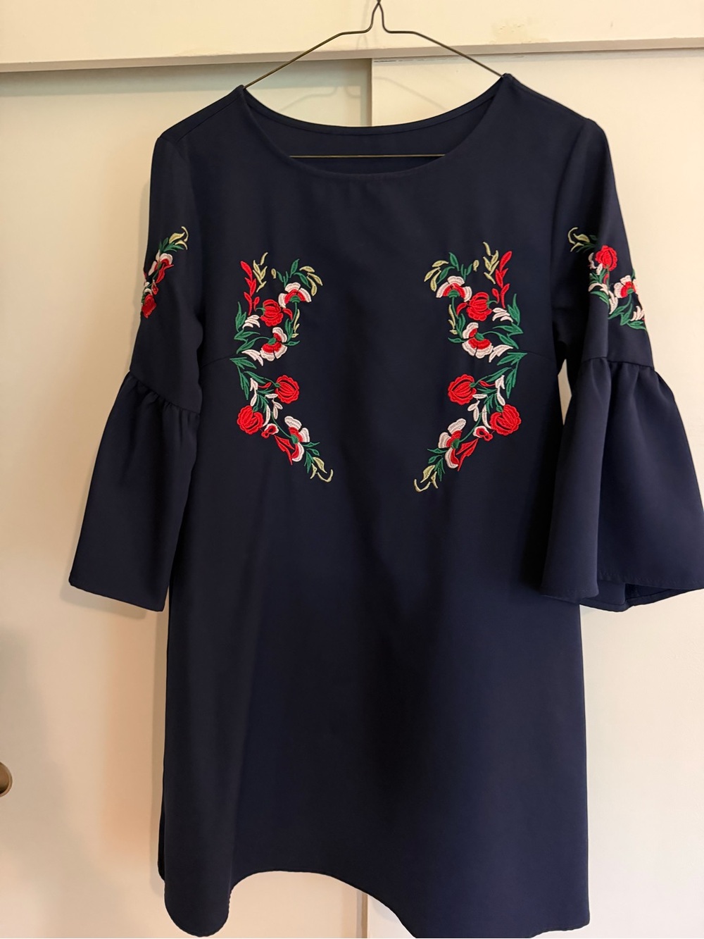 Embroidered Navy Midi Dress with Bell Sleeves